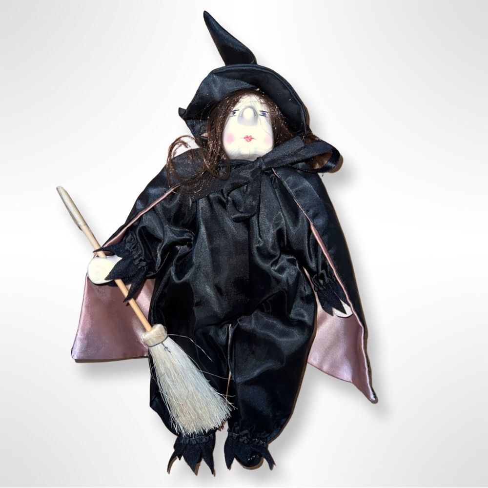 Victoria Impex Corp. Hand Painted Porcelain Plush Halloween Witch Doll on Stand